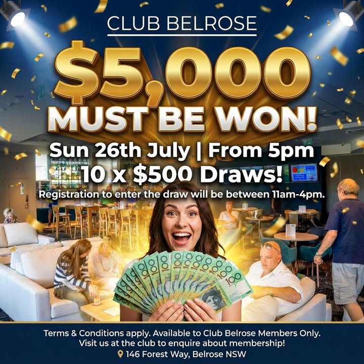 Featured image for “$5,000 Members Badge Draw at Club Belrose This Sunday”